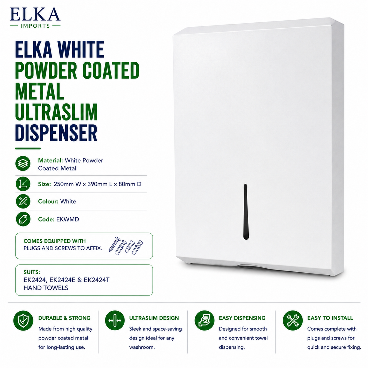 Elka White Powder Coated Metal Ultraslim Dispenser