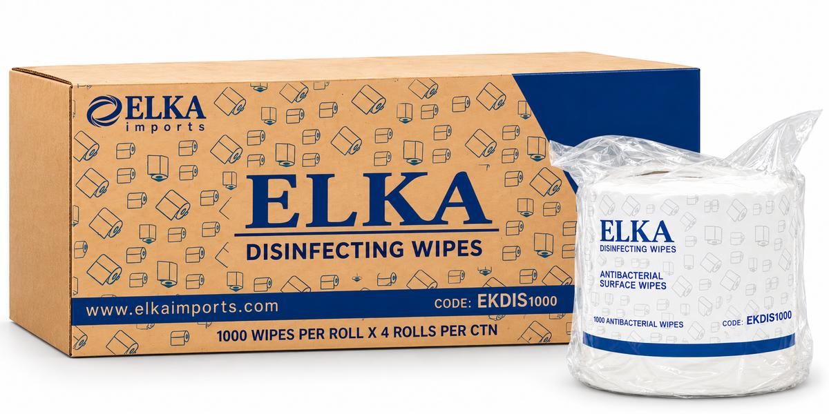 Elka antibacterial wipes carton labelled four rolls of 1000 wipes, beside a roll in clear wrapping