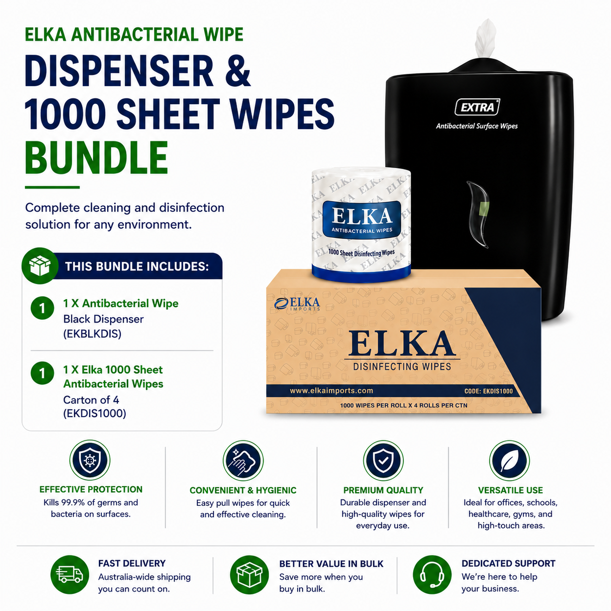 Elka Antibacterial Wipe Black Dispenser & 1000 Sheet Antibacterial Wipes Bundle