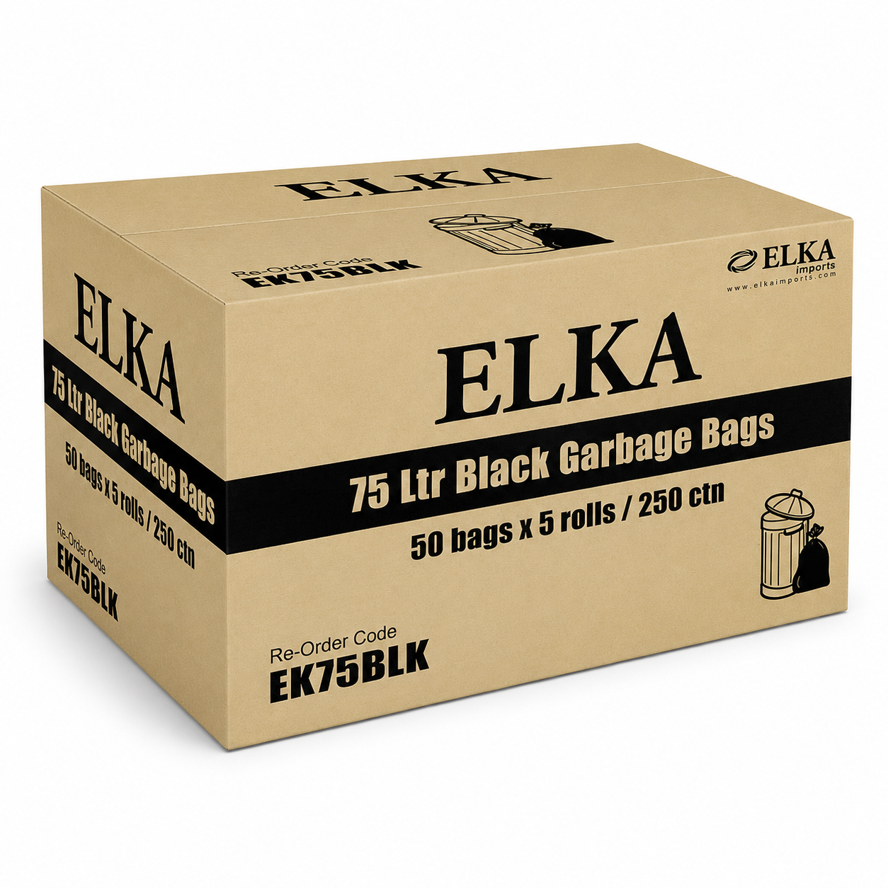 Elka 75L Black Garbage Bags Carton of 250 (Roll)