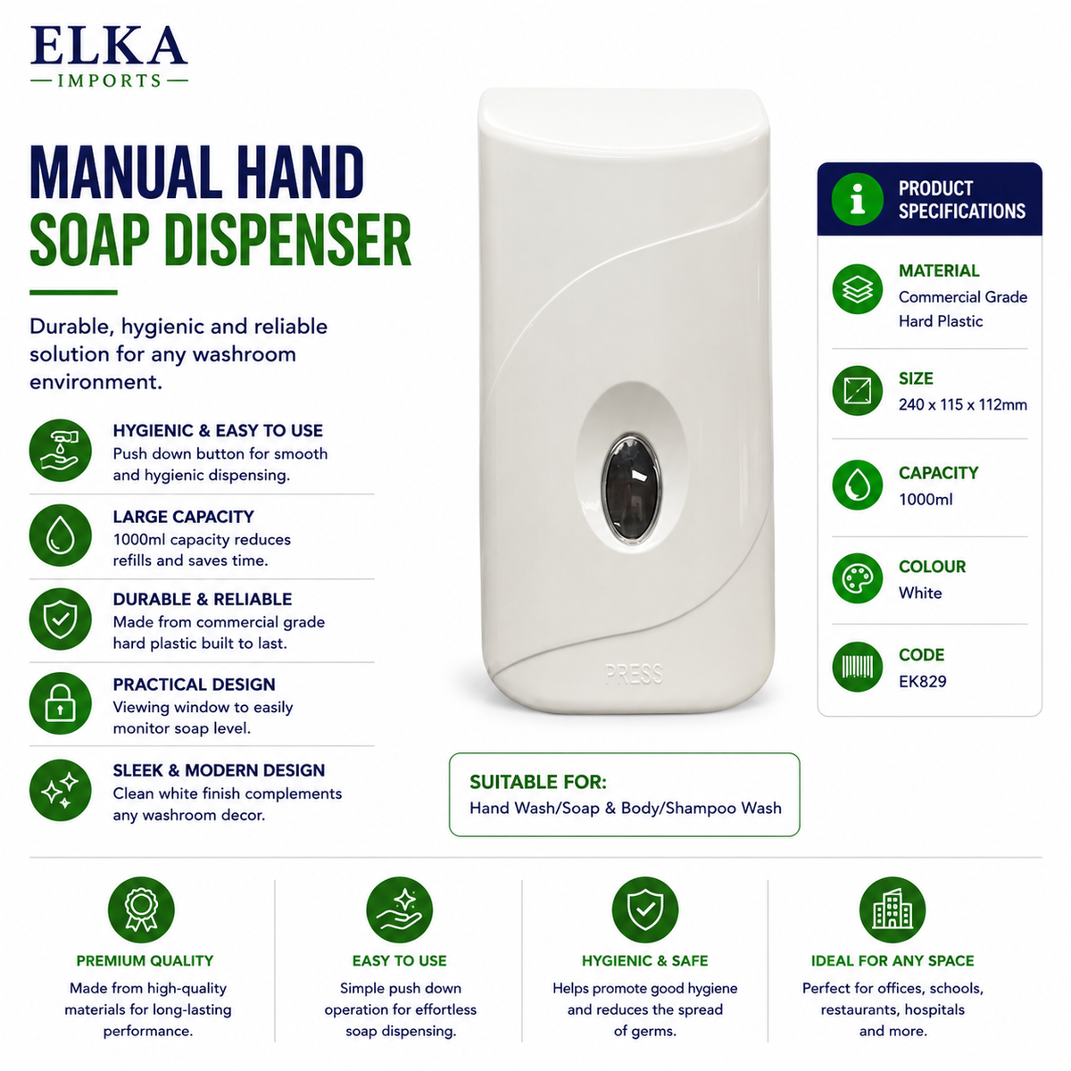 Elka 1000ml Manual Soap Dispenser