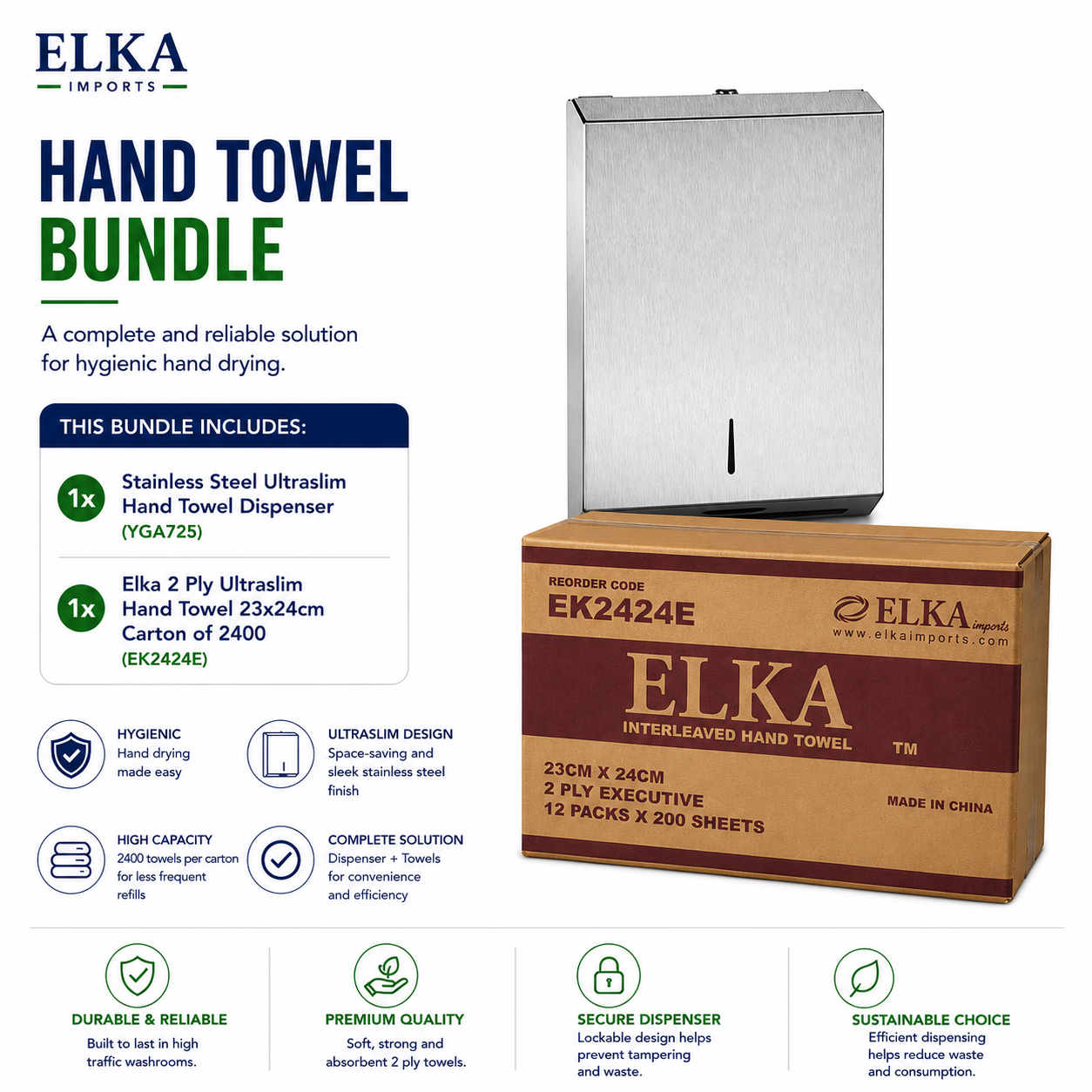 Elka Stainless Steel Ultraslim Hand Towel Dispenser & Elka 2 Ply Ultraslim Hand Towel (EK2424E) Bundle