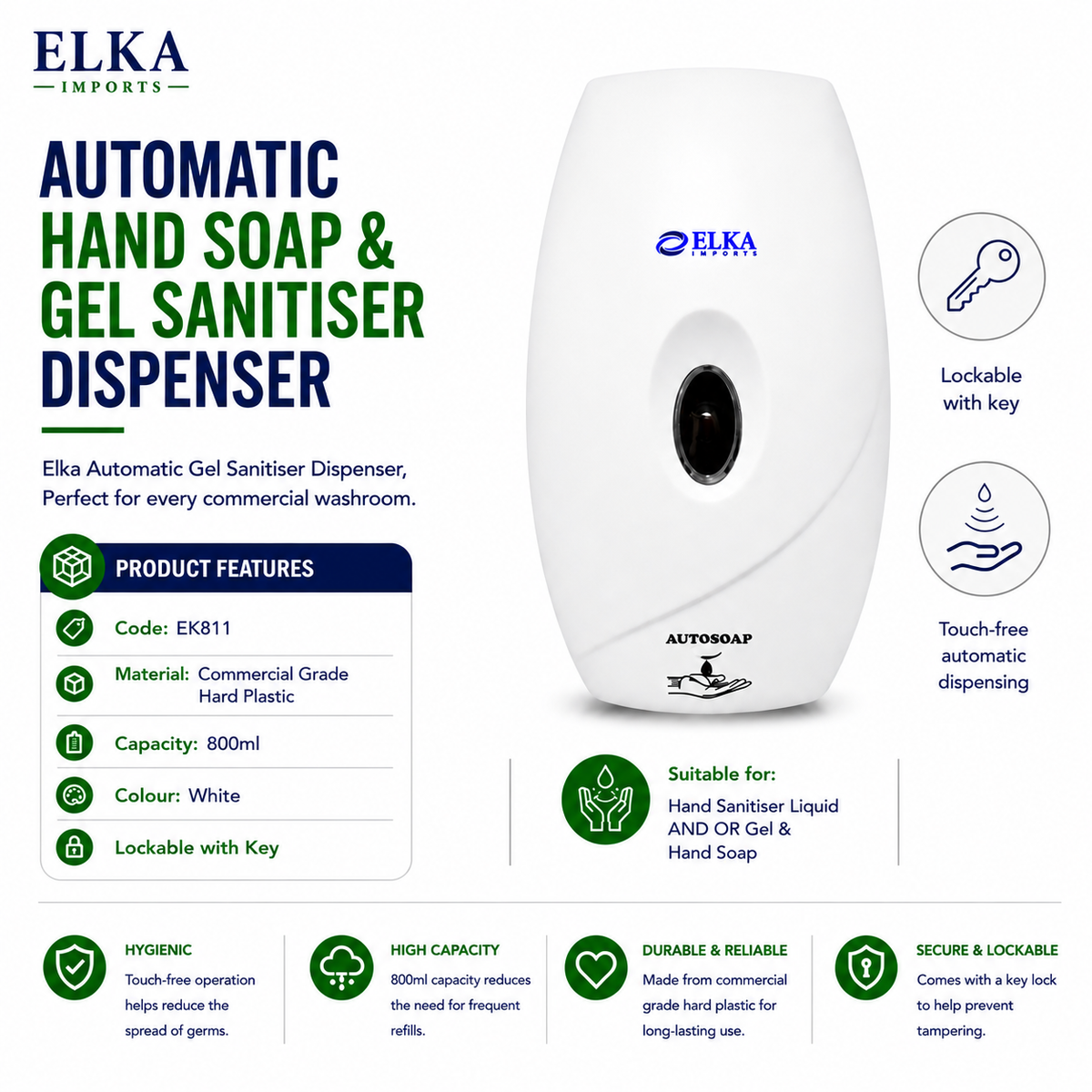 Elka 800ml Automatic Hand Soap & Gel Sanitiser Dispenser