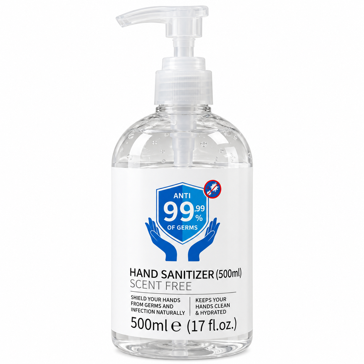 Elka hand sanitiser in a clear 500ml bottle with a black pump and white labe