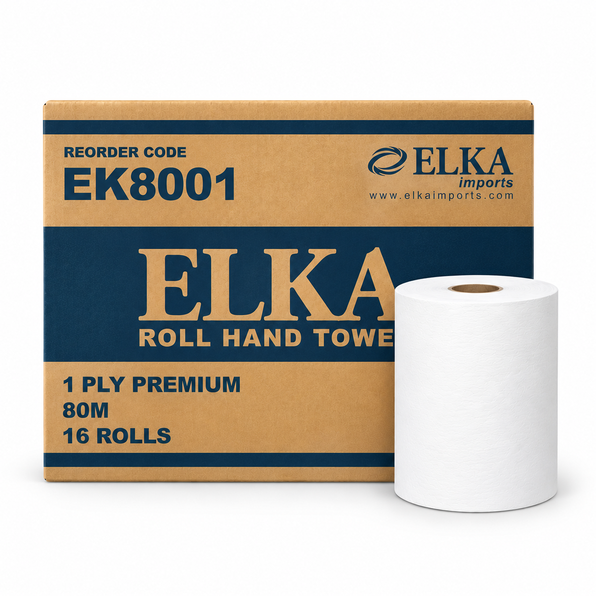 Elka 1 ply 80m roll hand towel carton of 16 rolls in brown and navy packaging with a white roll in front