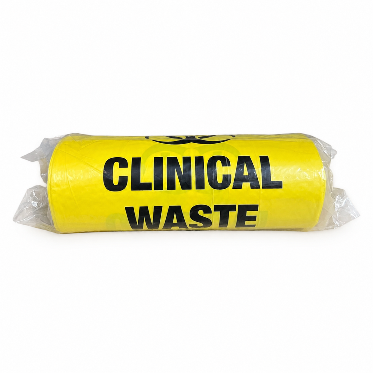 A roll of bright yellow clinical waste bags sealed in clear plastic packaging, with bold black text reading 'CLINICAL WASTE' and a biohazard symbol on a white background.