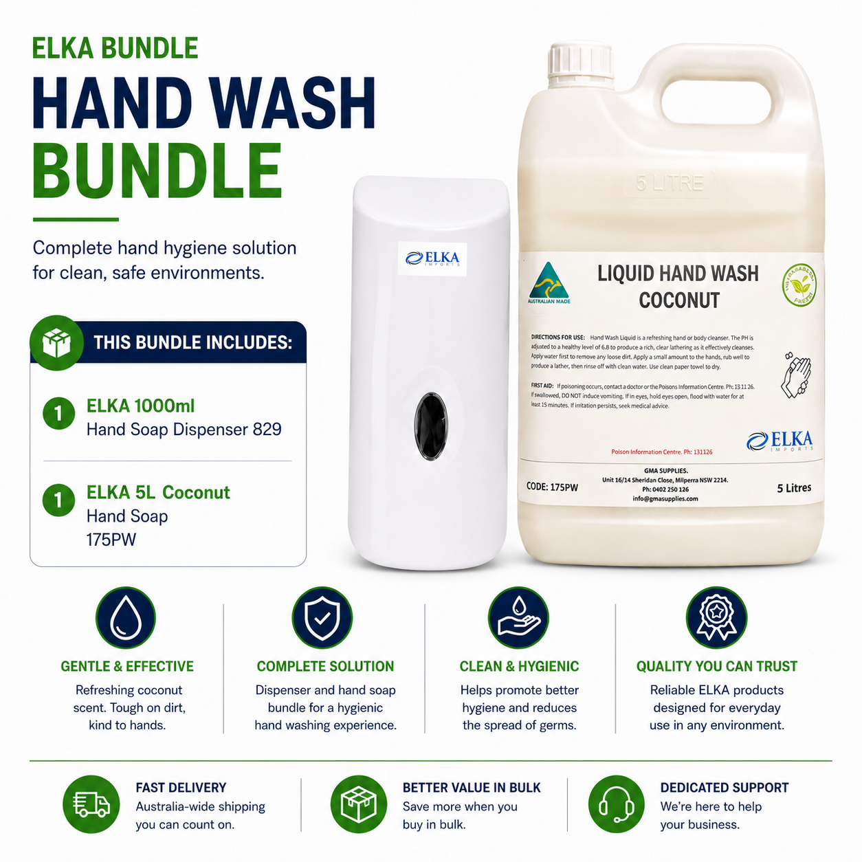 Elka 1000ml Hand Soap Dispenser & 5L White Hand Soap (Coconut) Bundle