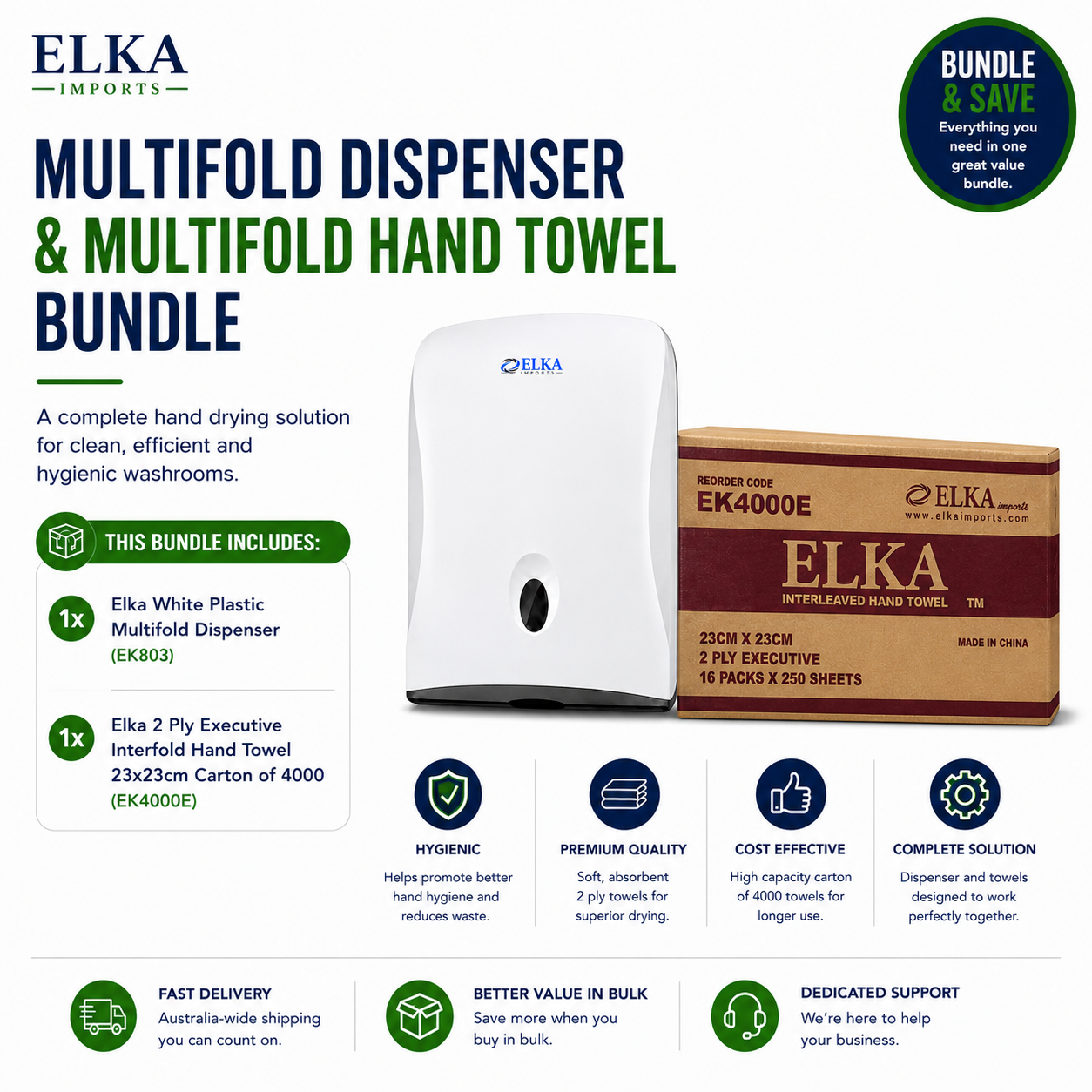 Elka Multifold Dispenser & Elka 2 Ply Executive Multfold Hand Towel (EK4000) Bundle