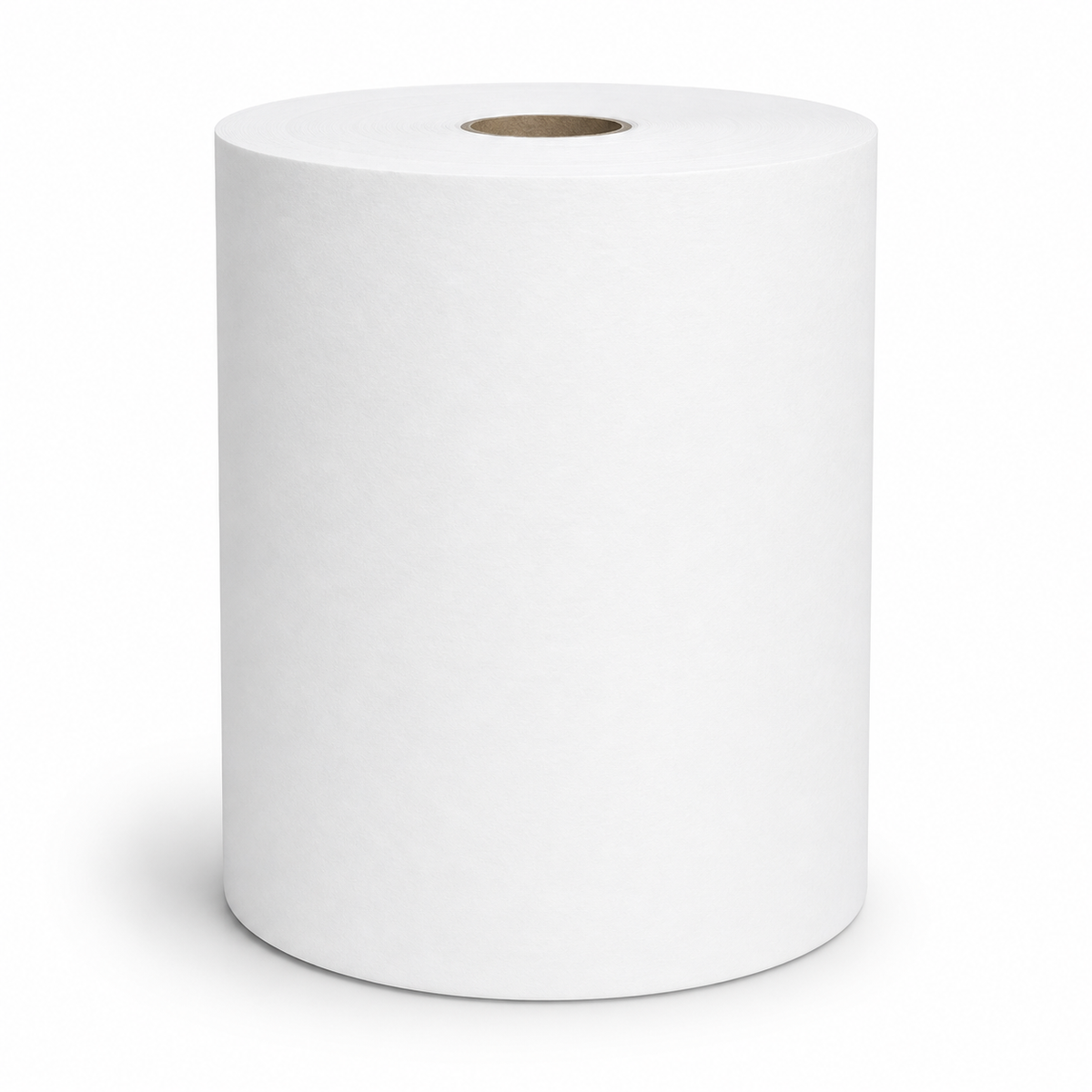 Single white paper hand towel roll standing upright with a visible cardboard core on a white background