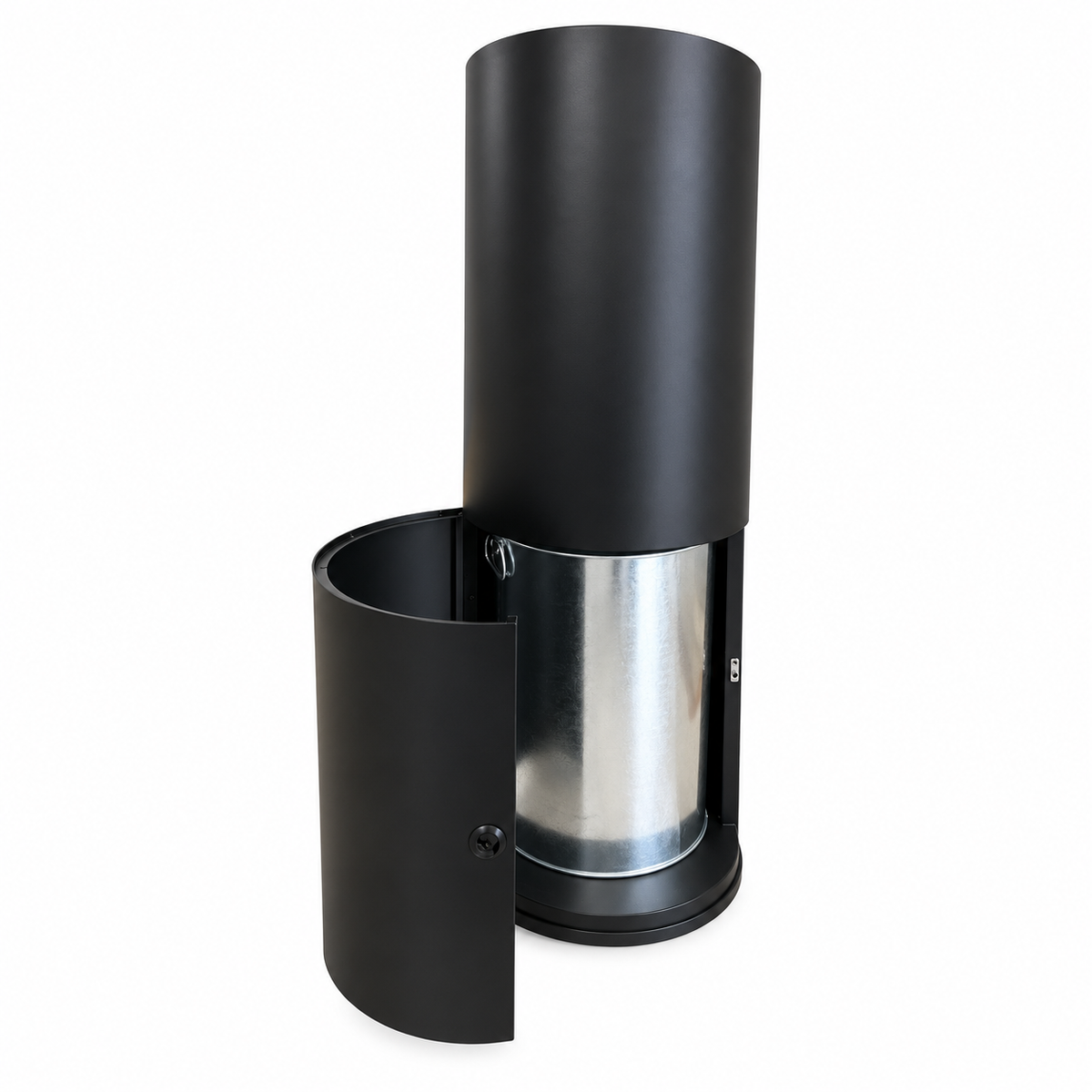 A modern black cylindrical wall-mounted trash can with a hinged side panel that is open, revealing a brushed stainless steel interior.