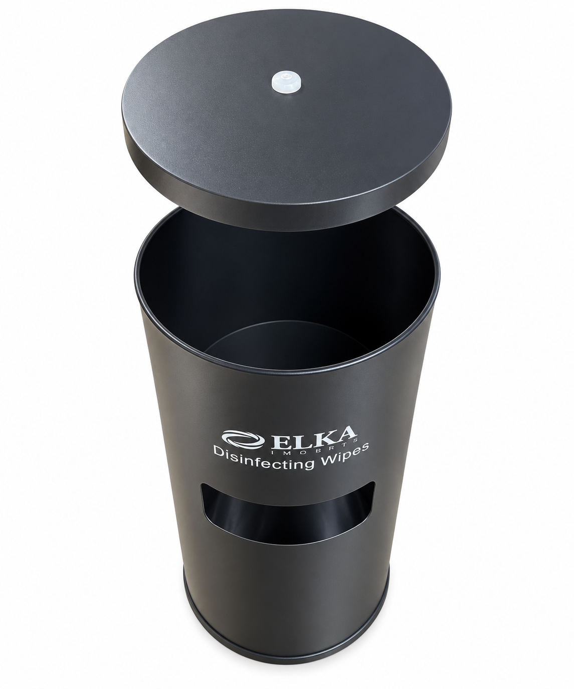 A black cylindrical ELKA disinfecting wipes dispenser with its lid open, showing the brand name and product text on the front, set against a plain white background.