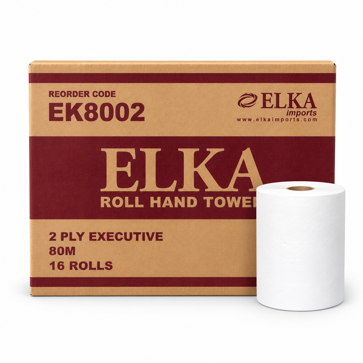 ELKA Roll Hand Towel box in tan and dark red packaging next to a single white roll of hand towels on a white background.