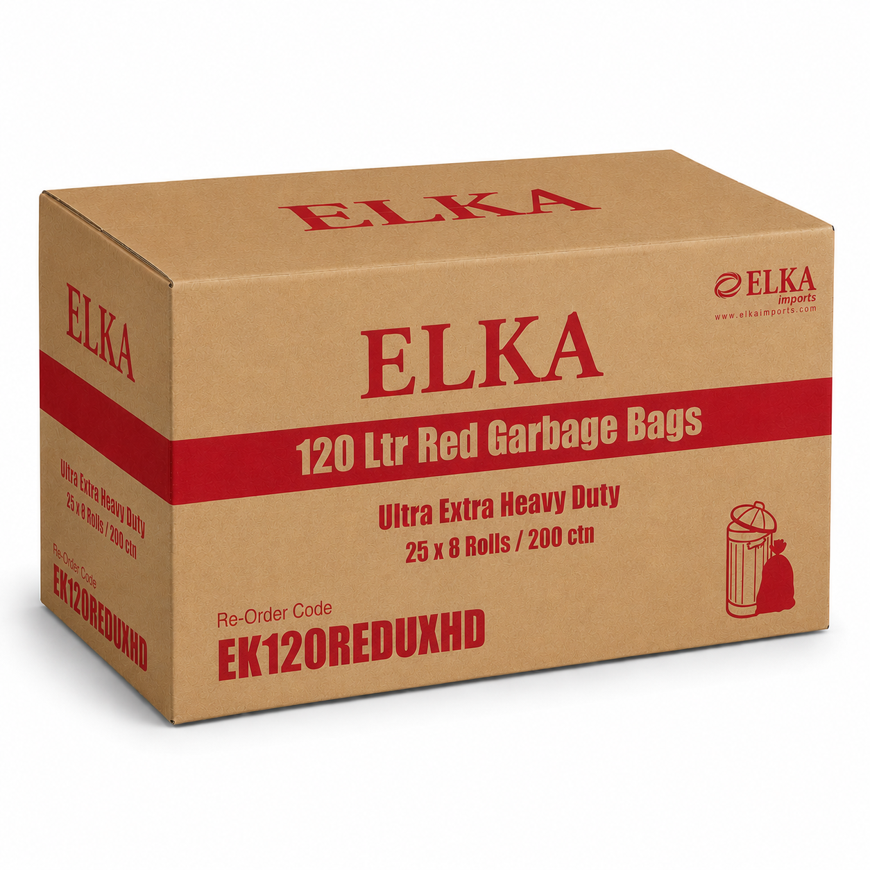 Elka 120L Ultra Extra Heavy Duty Red Garbage Bags Carton of 200