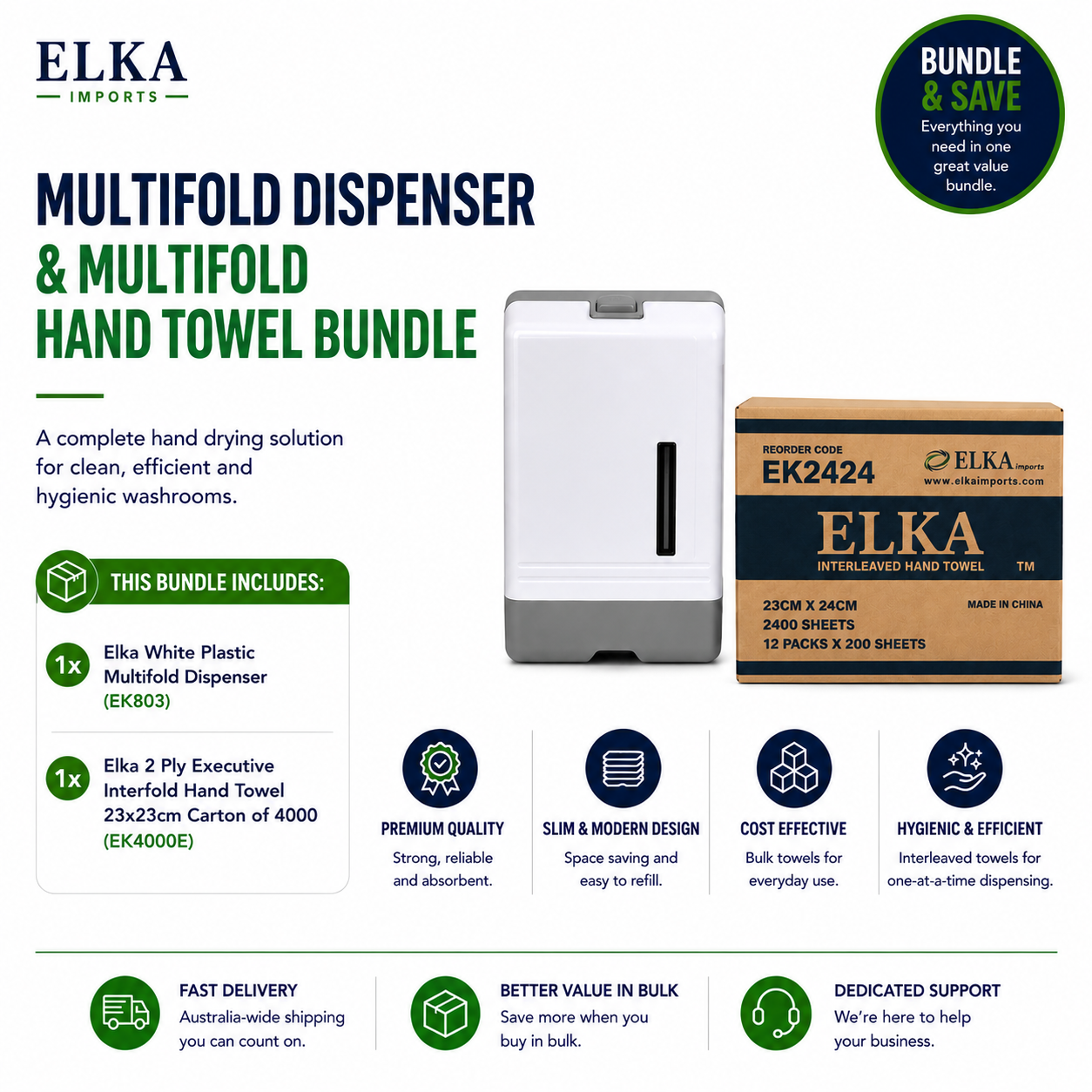 Elka Adjustable Ultraslim Dispenser & Elka 1 Ply Ultraslim Hand Towel (EK2424) Bundle