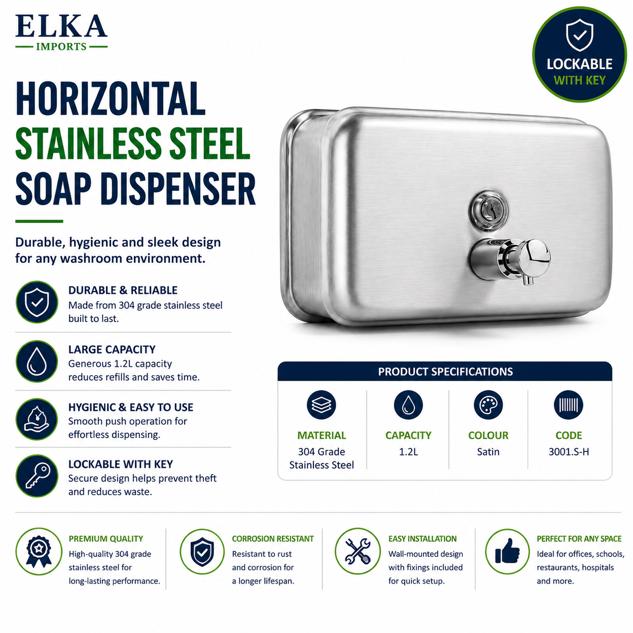 Horizontal Stainless Steel Soap Dispenser 1200ml