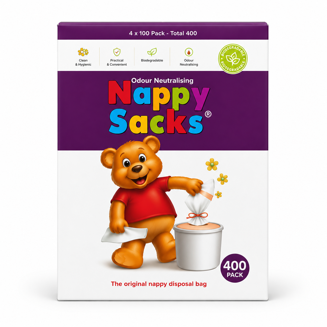 Front-facing retail box of Nappy Sacks odour neutralising nappy disposal bags, shown on a plain white background. The package is white and purple with a cartoon teddy bear in a red shirt throwing a bag into a bin.