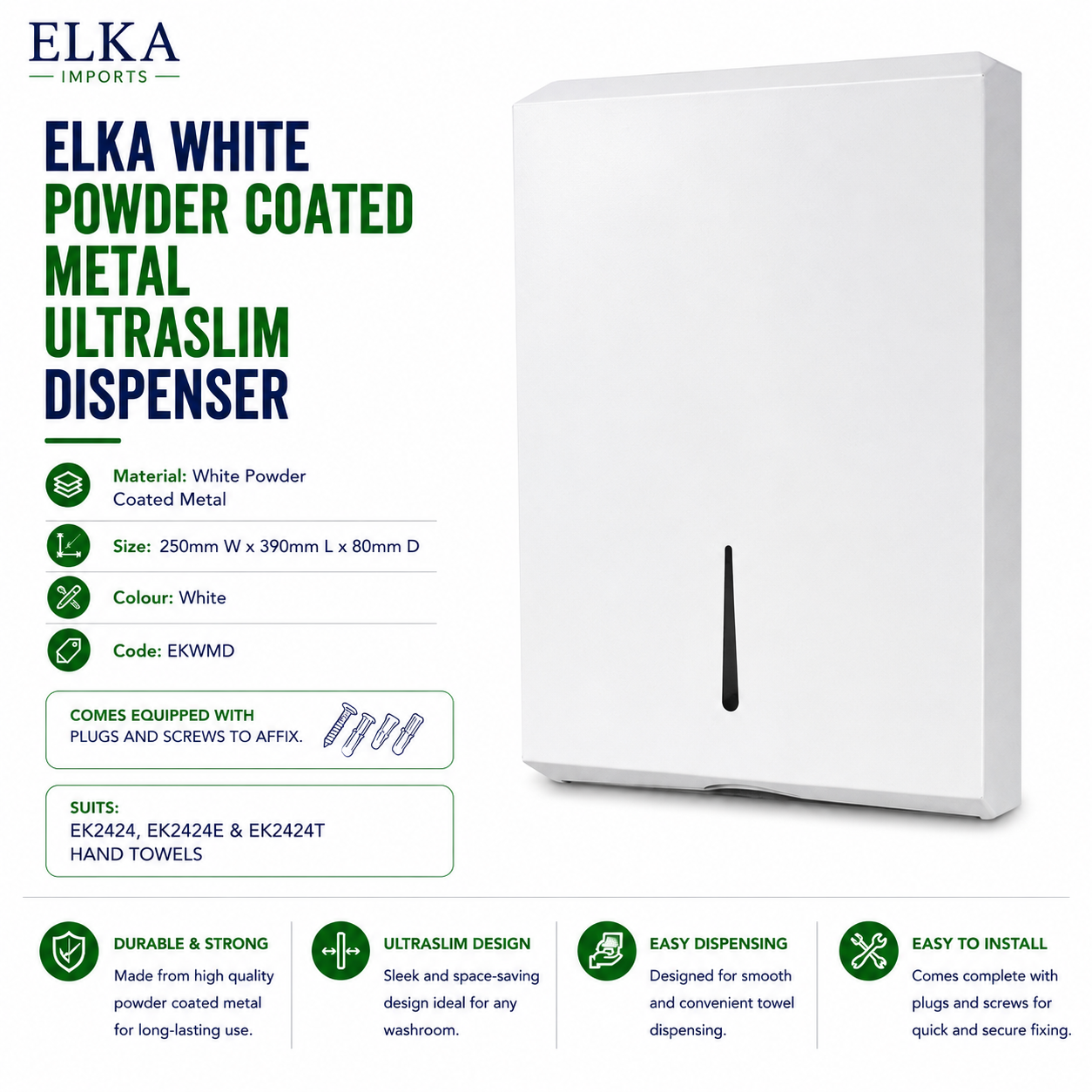 Elka White Powder Coated Metal Ultraslim Dispenser