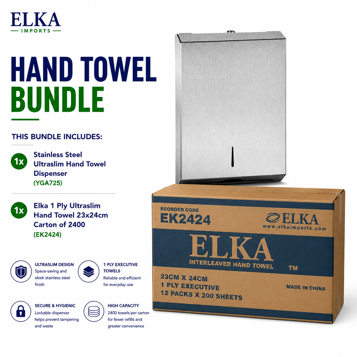 Elka Stainless Steel Ultraslim Hand Towel Dispenser & Elka 1 Ply Ultraslim Hand Towel (EK2424) Bundle