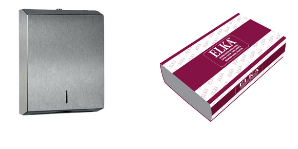 Elka Stainless Steel Ultraslim Hand Towel Dispenser & Elka 2 Ply Ultraslim Hand Towel (EK2424E) Bundle