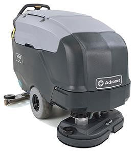 An Advance brand commercial floor scrubber with a dark gray and black body, featuring a brushless scrubbing head and a small yellow accent on the side, shown against a plain white background.