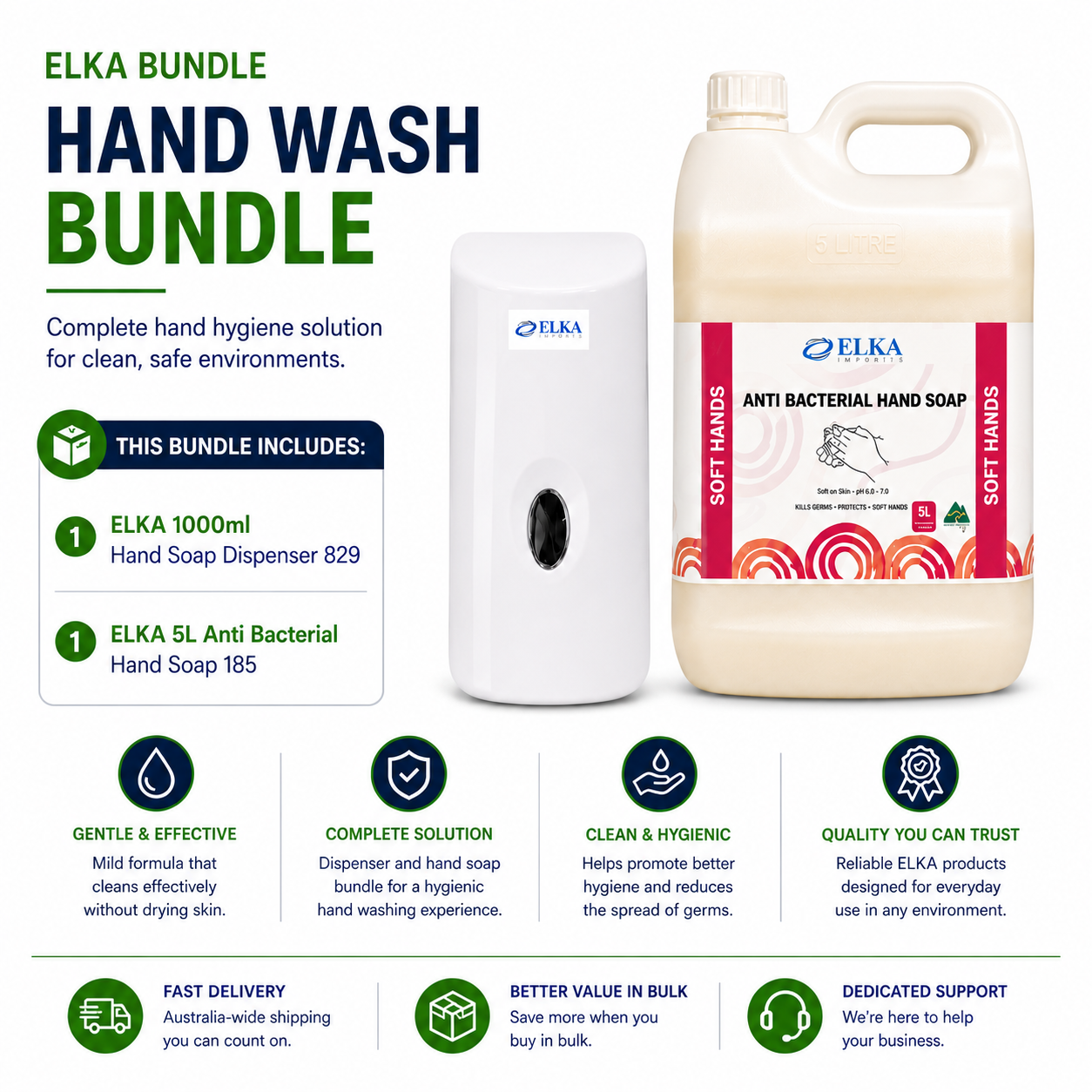 Elka 1000ml Hand Soap Dispenser & 5L Anti Bacterial Hand Soap Bundle