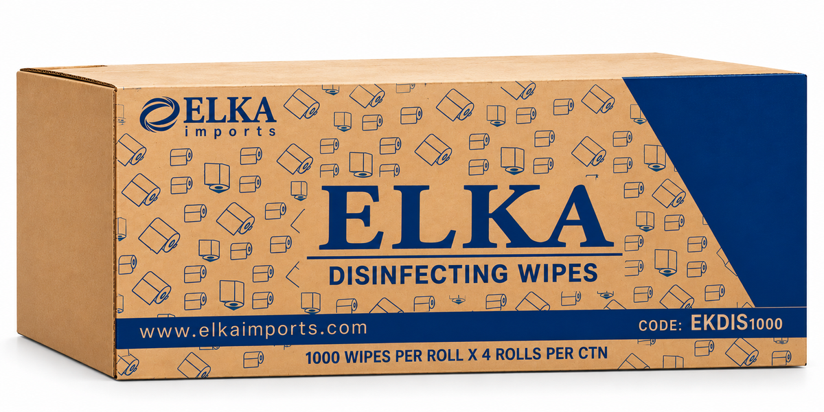 Elka antibacterial wipes carton with blue branding, labelled 1000 wipes per roll and four rolls per carton