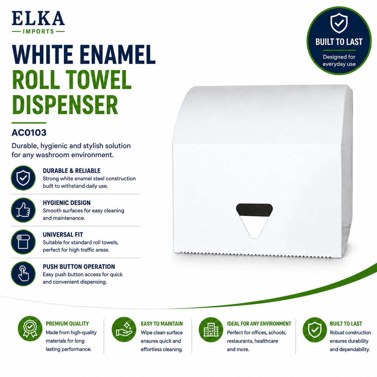 White enamel roll towel dispenser with Elka Imports branding and features listed on a white background.