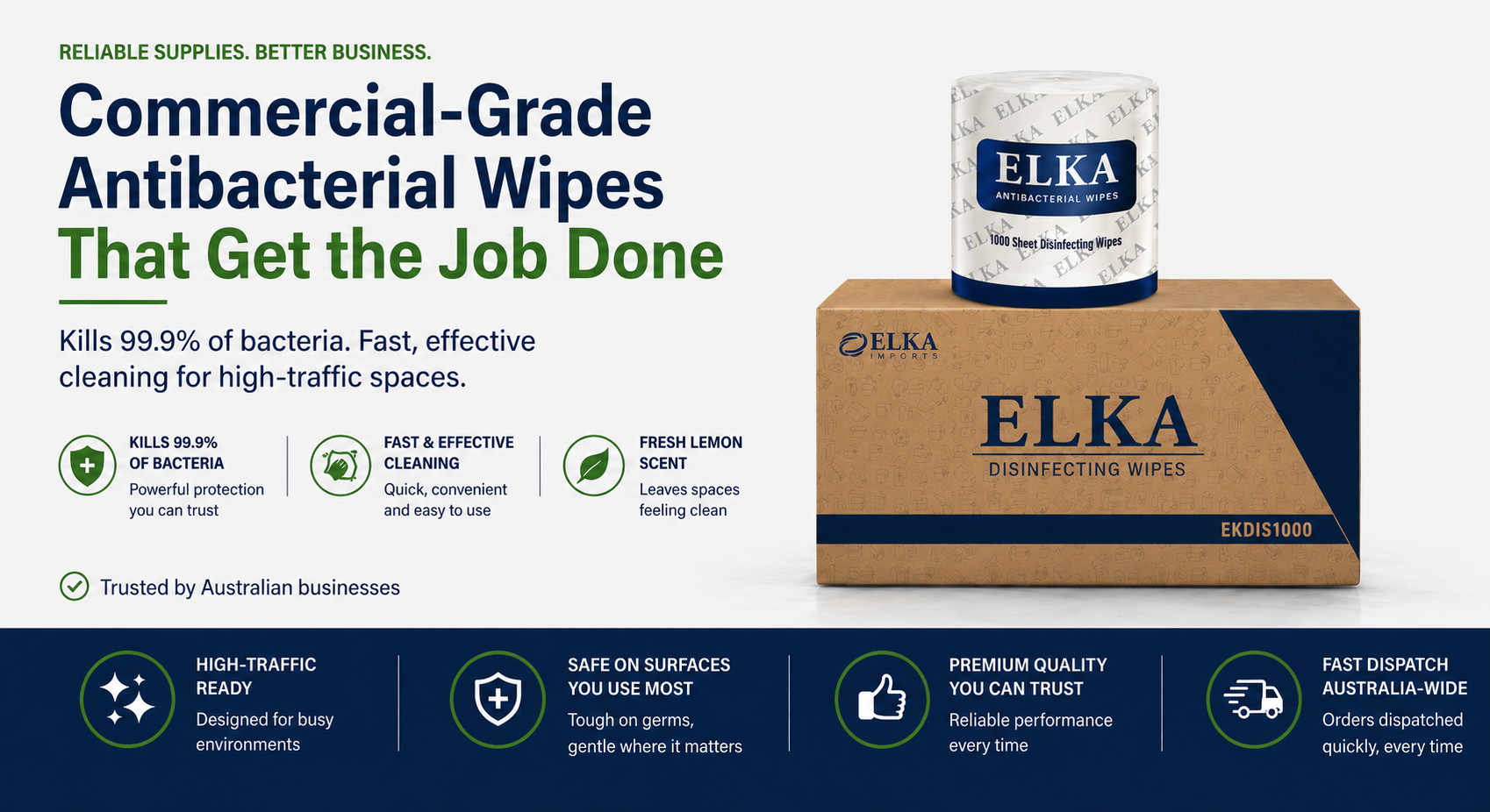 Elka commercial-grade antibacterial wipes packaging with product and branding details.
