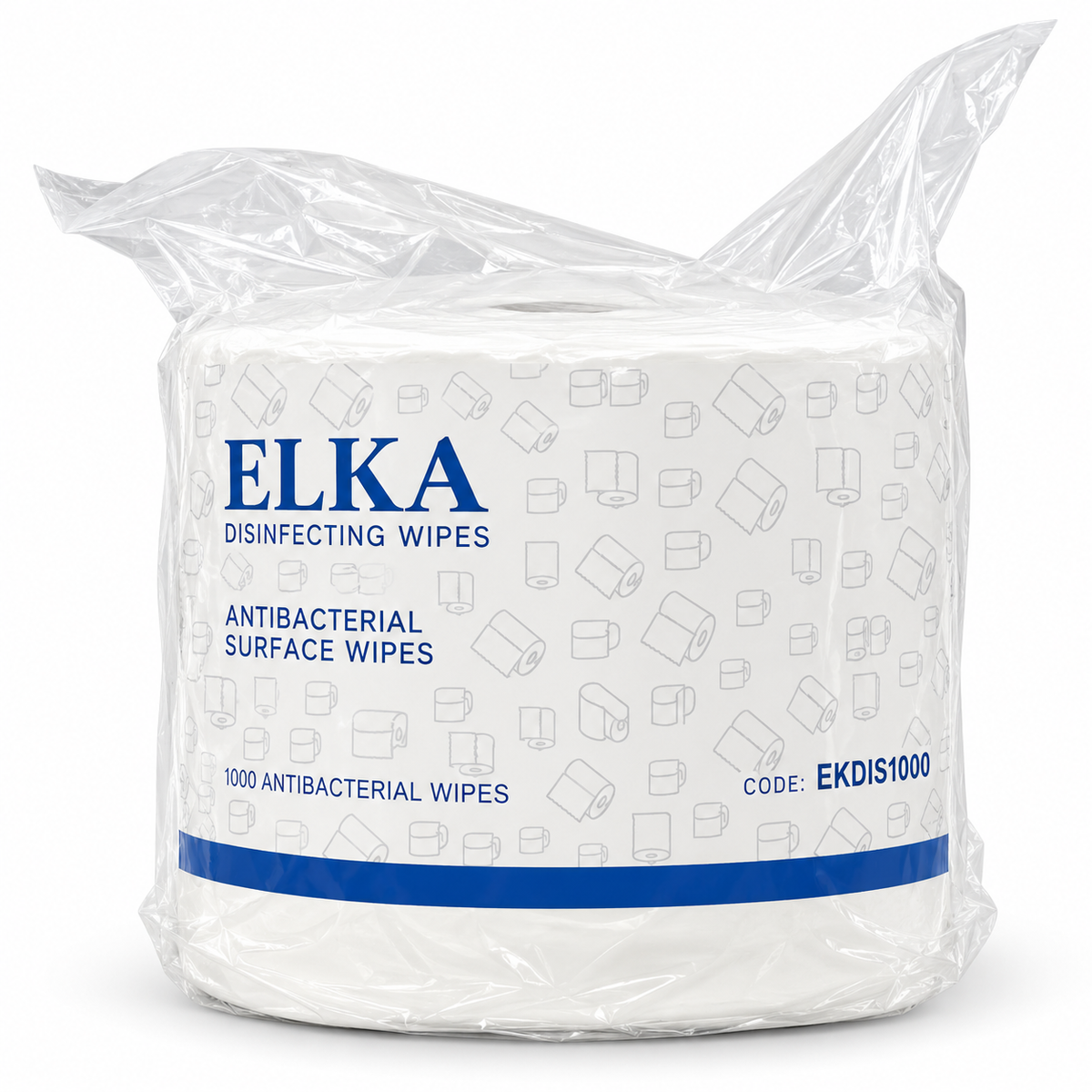 Elka antibacterial surface wipes refill roll in clear wrapping with a blue-and-white label marked 1000 wipes
