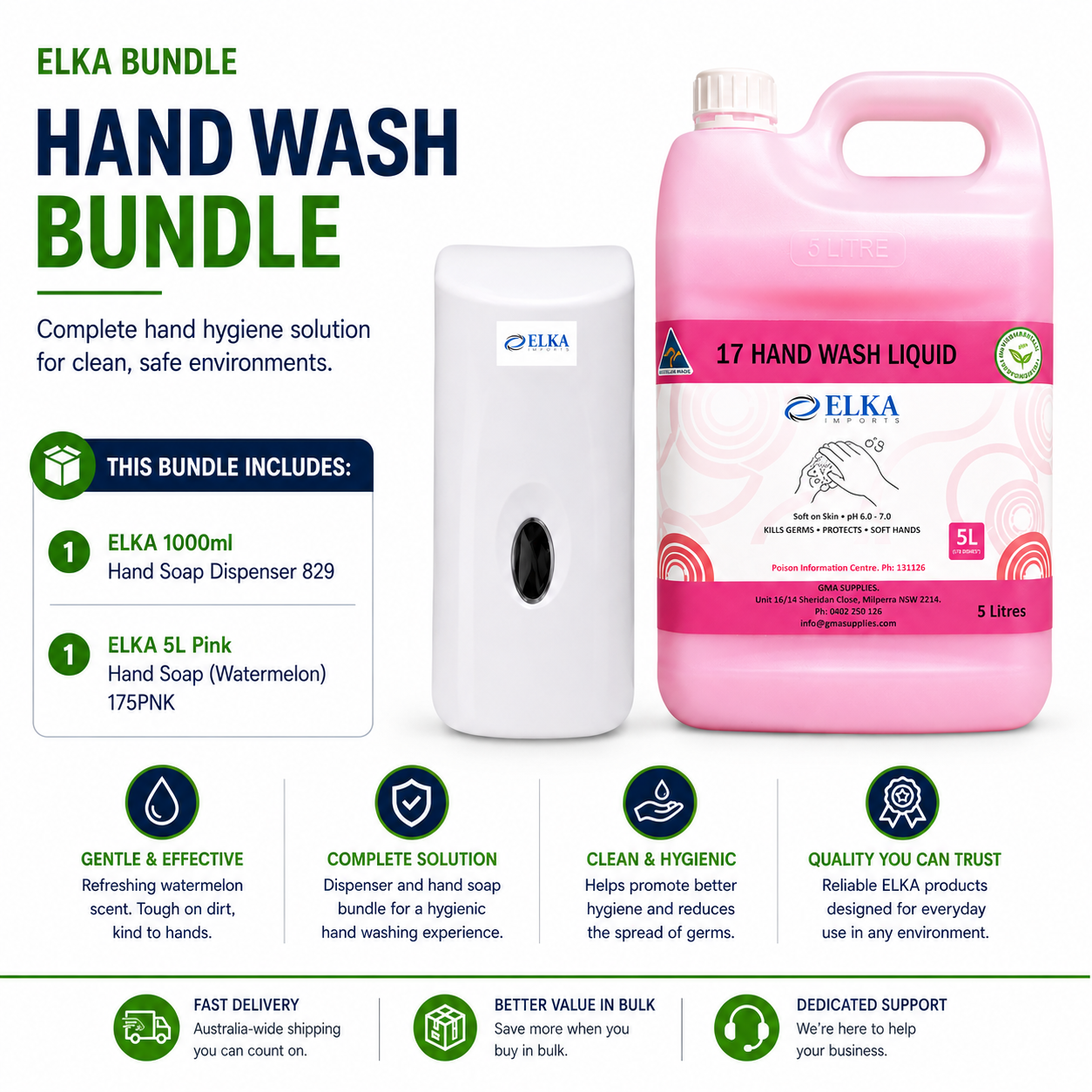 Elka 1000ml Hand Soap Dispenser & 5L Pink Hand Soap (Watermelon) Bundle