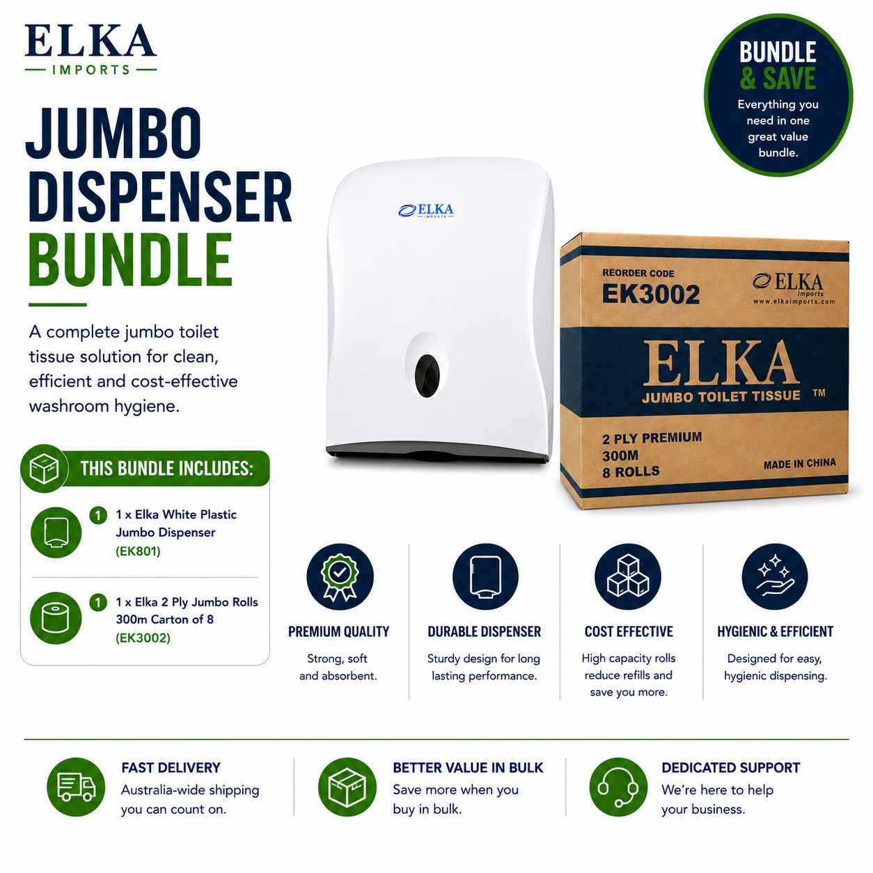 Elka White Jumbo Dispenser & Elka 2 Ply Jumbo Rolls Bundle (EK3002)