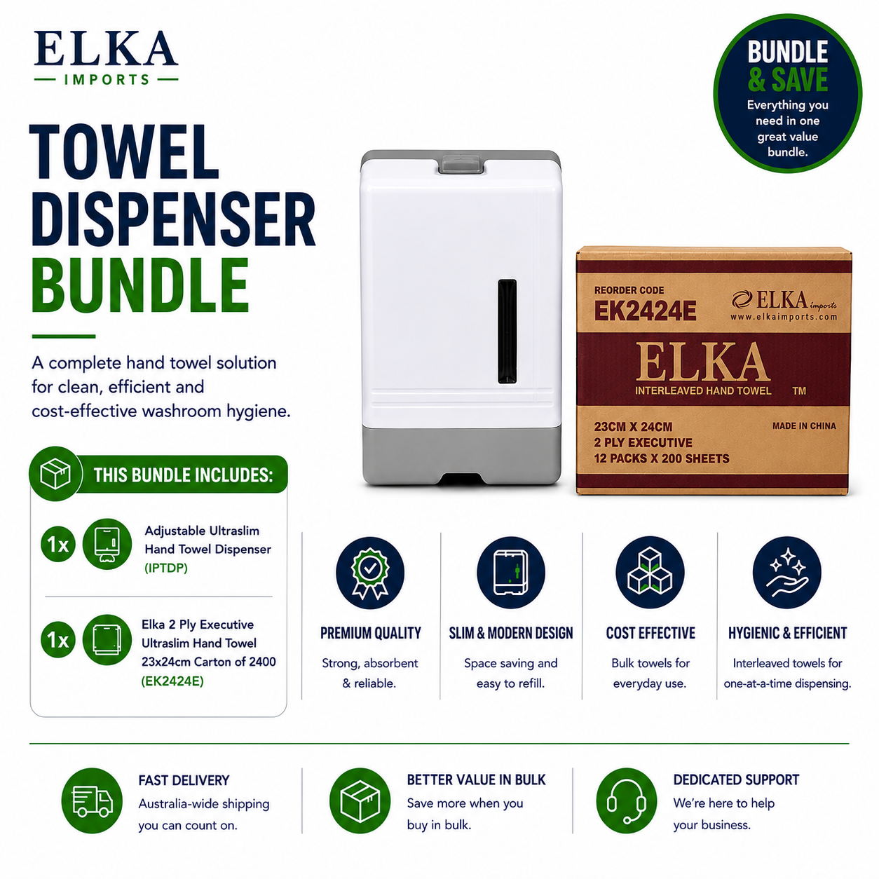 Elka Adjustable Ultraslim Dispenser & Elka 2 Ply Executive Ultraslim Hand Towel (EK2424E) Bundle