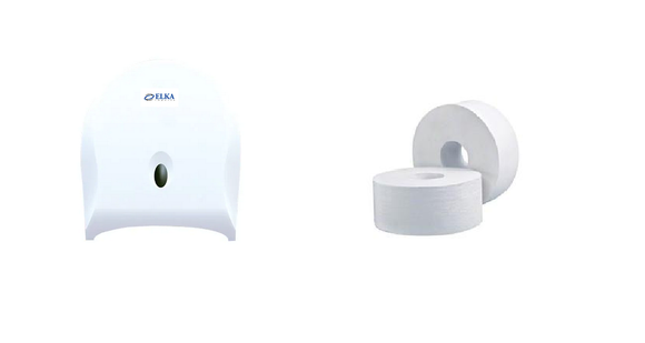 Elka White Jumbo Dispenser & Elka 2 Ply Jumbo Rolls Bundle (EK3002)