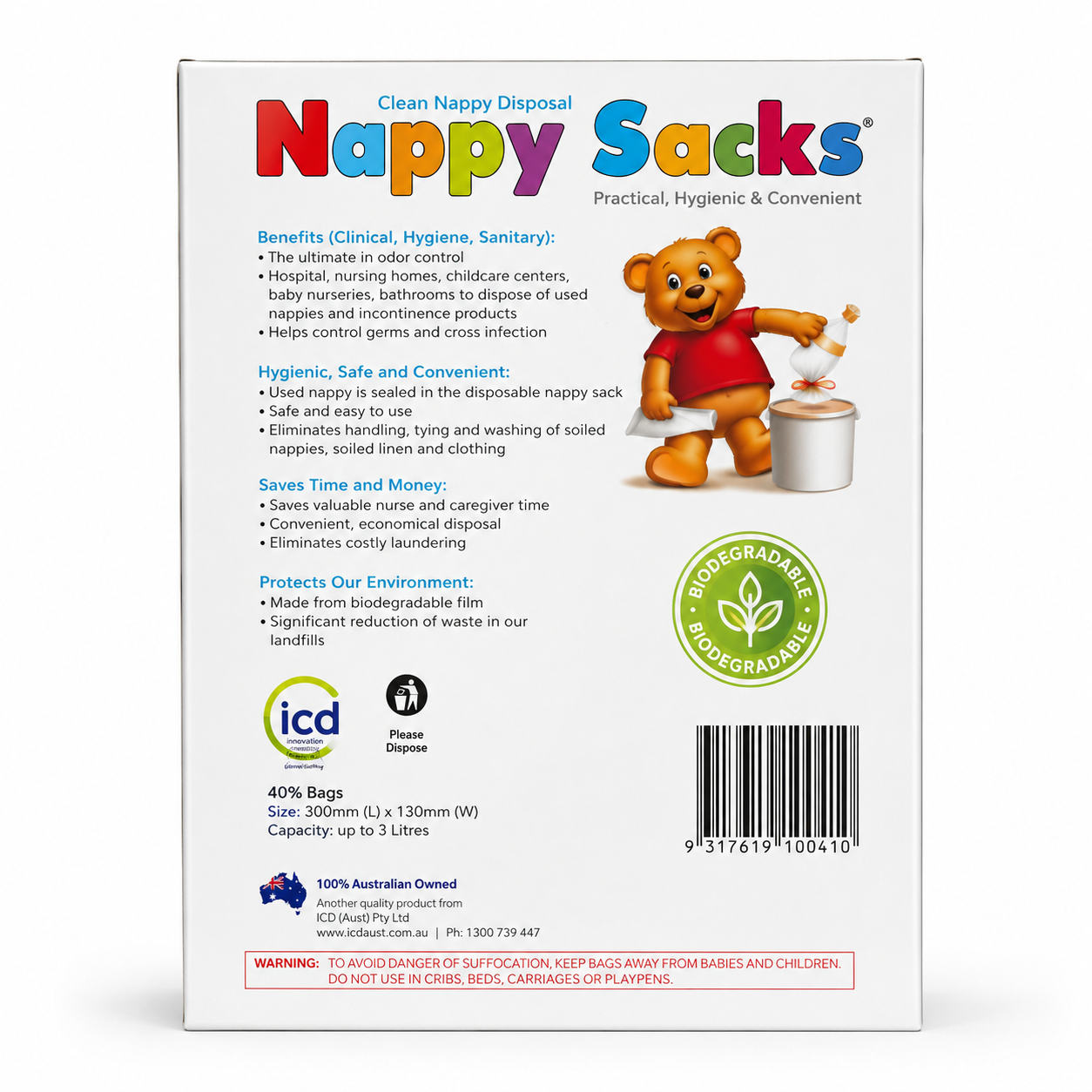 Back of a Nappy Sacks product box showing product information, benefits, an illustration of a teddy bear using the disposal bag, a green non-bleed badge, ICD and PlusePlus logos, size details, and a barcode on a white background.